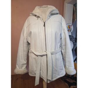 Vintage Y2k Wilsons Leather Fuzzy Lined Coat With Hood White Womens Size Large